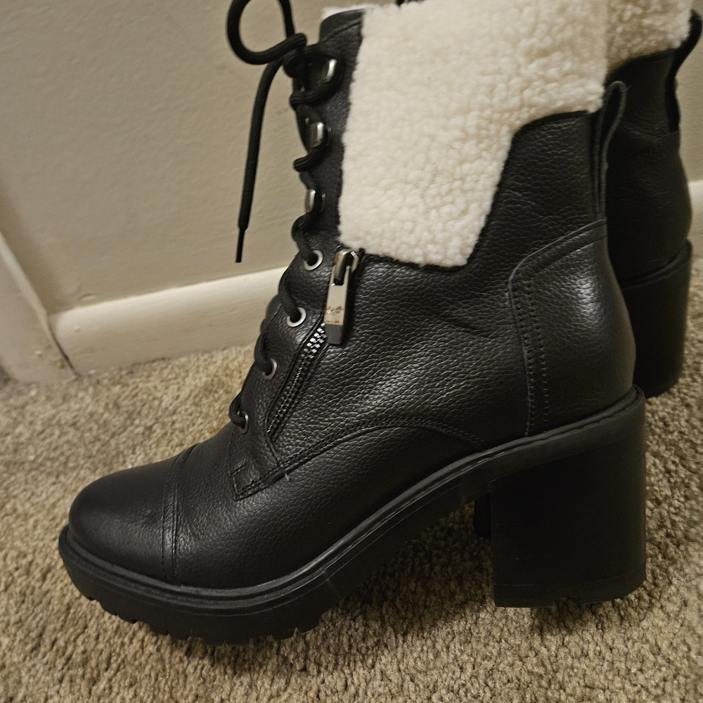 Black Faux Leather Ankle Boots with White Fur Lining